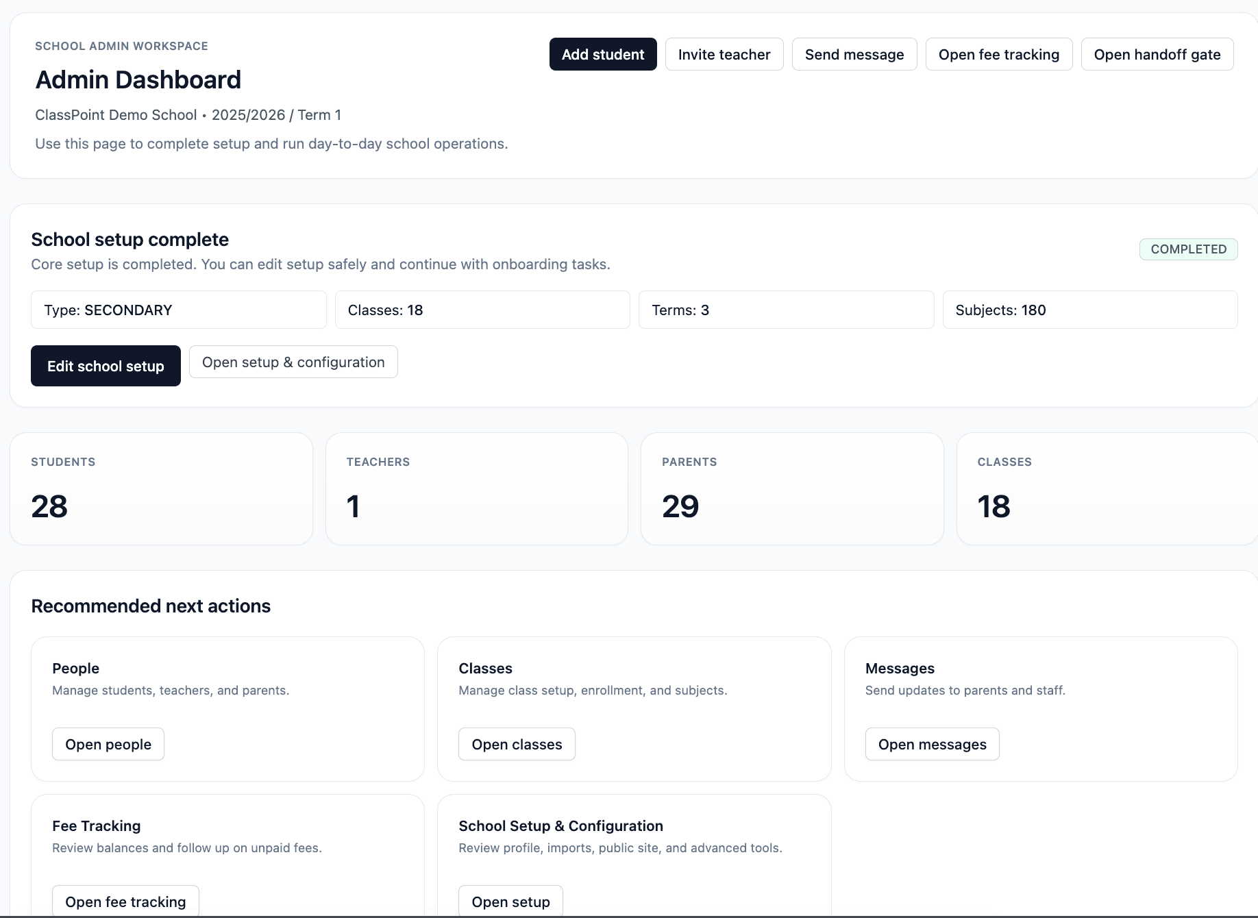 SchoolsRep admin dashboard showing classes, operational setup, and school actions.